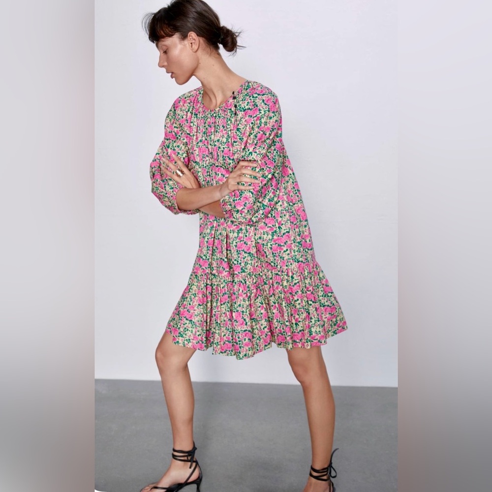 ZARA Puff Sleeve Floral Mini Dress - 100% Cotton - Size: M